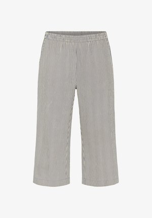 Raidallinen culottes-housut, jotka on valmistettu kevyestä kankaasta; niissä on mukava elastinen vyötärö ja lyhyt pituus, jossa on pystysuorat siniset ja valkoiset raidat.