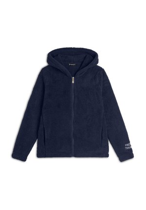 Giacca in felpa blu navy con cappuccio, dotata di chiusura frontale con zip e dettaglio del logo ricamato sulla manica sinistra. Tessuto morbido, vestibilità regolare.
