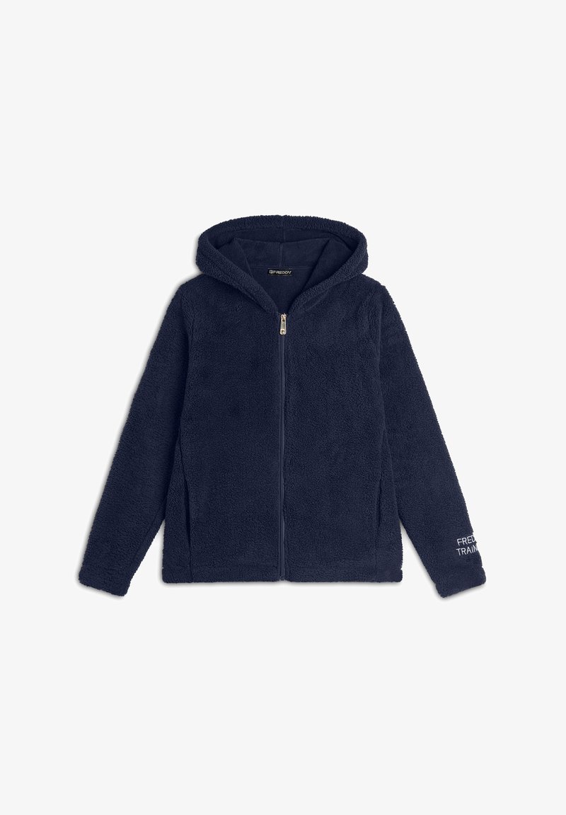 Giacca in felpa blu navy con cappuccio, dotata di chiusura frontale con zip e dettaglio del logo ricamato sulla manica sinistra. Tessuto morbido, vestibilità regolare.