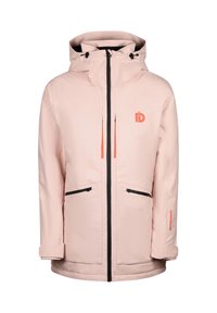 Lyserød isoleret jakke med frontlynlås, to sorte sidelommer, hætte og orange detaljer på logoet og brystlommen.