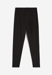 Leggings neri realizzati in morbido tessuto elasticizzato. Presentano un'alta vita, una vestibilità slim e una superficie liscia senza cuciture o fantasie visibili.