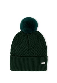 Ciemnozielona dzianinowa czapka z teksturowanym wzorem jodełki, z miękkim turkusowym pomponem na górze i prążkowanym mankietem.