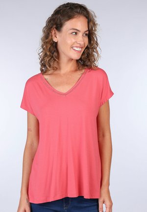 Rosa Kurzarm-T-Shirt mit V-Ausschnitt und strukturiertem Saum, aus weichem, leichtem Stoff gefertigt und mit lockerer Passform.