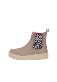 Beige ankelstøvle med lyserøde accenter, mønstrede elastiske sidelapper i leopardprint og en struktureret beige gummisål.