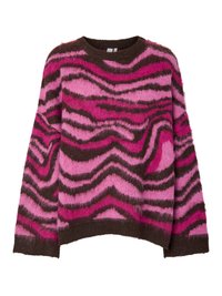 Pull duveteux avec un motif ondulé en nuances de rose et marron. Encolure ronde, manches longues, et poignets et ourlet côtelés.
