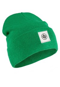 Green knit beanie with a fold-over brim, made of soft yarn. Features a square label with a black logo on a white background.
