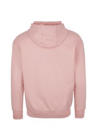 Pullover hoodie van zachtroze stof, met capuchon, lange mouwen en geribbelde boorden en zoom. Soepele textuur met minimale ontwerpdetails.