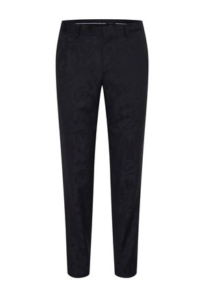 Black trousers with a subtle tonal pattern, tapered design, straight leg, and standard waistband. Made from smooth fabric.