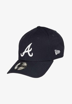 Navy baseball cap made of fabric with a curved brim, featuring a white embroidered letter "A" on the front and logo on the side.