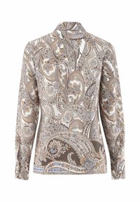 Camicia a maniche lunghe con un motivo paisley marrone su sfondo crema, colletto a punta e polsini bottonati. Realizzata in tessuto morbido.