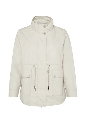 Light beige, lightweight jacket with a high collar, front buttons, and drawstring waist. Features two large front pockets and adjustable sleeves.