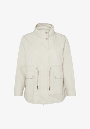 Light beige, lightweight jacket with a high collar, front buttons, and drawstring waist. Features two large front pockets and adjustable sleeves.