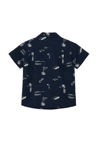 Kortebloesemnavy shirt met witte surf-thema graphics, waaronder palmbomen, golven en tekst. Lichte stof met een relaxte pasvorm.