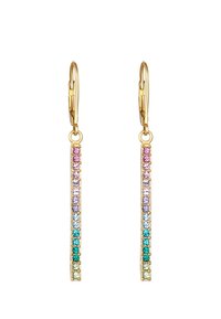 Guldörhängen med vertikalt ordnade rader av flerfärgade ädelstenar i nyanser av rosa, blått och grönt, med en elegant och avlång design.