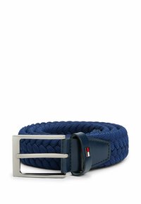 Navy braided belt with a silver metal buckle and a dark blue leather strap. Features a small red and white accent on the buckle.