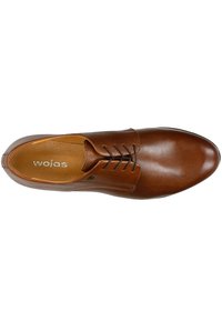 Braune Leder-Dressschuhe mit glatter Oberfläche, runder Zehenform und Schnürdesign. Verfügt über ein beiges Innenfutter und dezentes Branding.