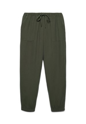 Pantaloni casual verde oliva con elastico in vita e ai polsini, con tasche applicate frontali e coulisse.