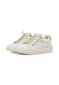 Weiße Sneakers aus strukturiertem Material mit goldenen Hardware-Akzenten, ausgestattet mit einem seitlichen Reißverschluss und runder Zehenform.