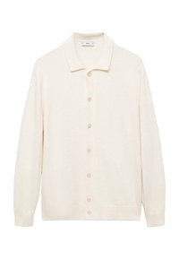 Cream-colored, ribbed knit cardigan with a collar, full button closure, and long sleeves, featuring a soft texture and subtle sheen.