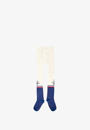 Collants blancs avec des pieds et des jambes inférieures bleus, ornés de cœurs rouges et de petites impressions de personnages de dessins animés près des genoux.