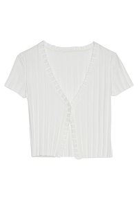 Weißer, gerippter Kurzarm-Cardigan mit V-Ausschnitt und Rüschensaum, der eine Knopfleiste an der Vorderseite hat. Weicher Stoff.