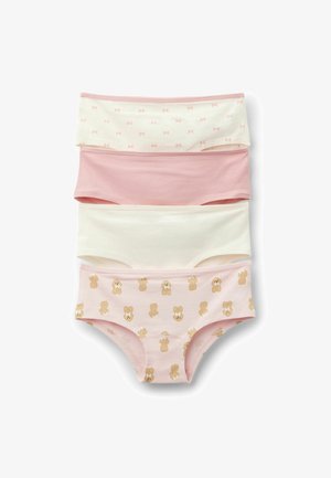 Vier Paar Mädchenunterwäsche in Pink und Creme. Mit einem bedruckten Bärenmotiv, Punkten, weichem Baumwollmaterial und elastischen Taillenbündchen.