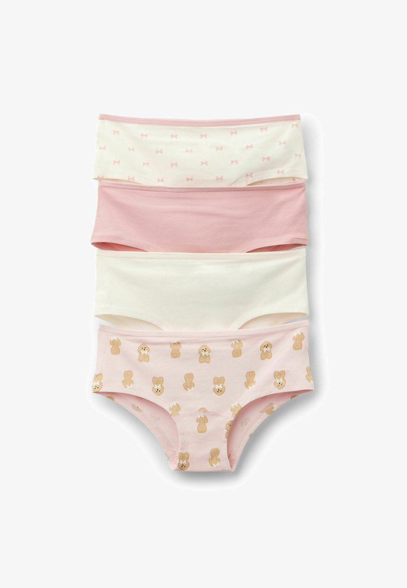 Vier Paar Mädchenunterwäsche in Pink und Creme. Mit einem bedruckten Bärenmotiv, Punkten, weichem Baumwollmaterial und elastischen Taillenbündchen.