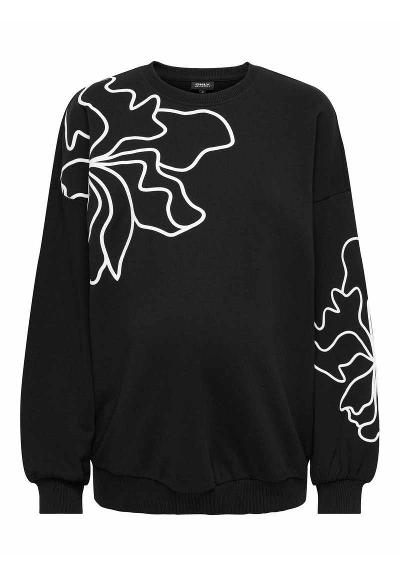 Črna kapuca z velikanskimi belimi cvetličnimi konturami, rebrastimi manšetami in robom. Narejena iz mehke, elastične tkanine za udobje.