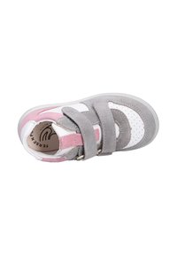 Multicolored sneaker with pink, grey, and white suede; features two Velcro straps and perforated detailing on the sides.