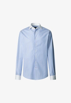 Lichtblauw gestreept overhemden met een witte kraag en manchetten. Kenmerkt zich door een knoopsluiting aan de voorkant en lange mouwen, gemaakt van geweven stof.