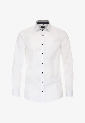 Weißes Langarmhemd aus glattem Stoff, mit schwarzer Knopfleiste, kontrastierendem gemustertem Kragen und eleganter Passform.