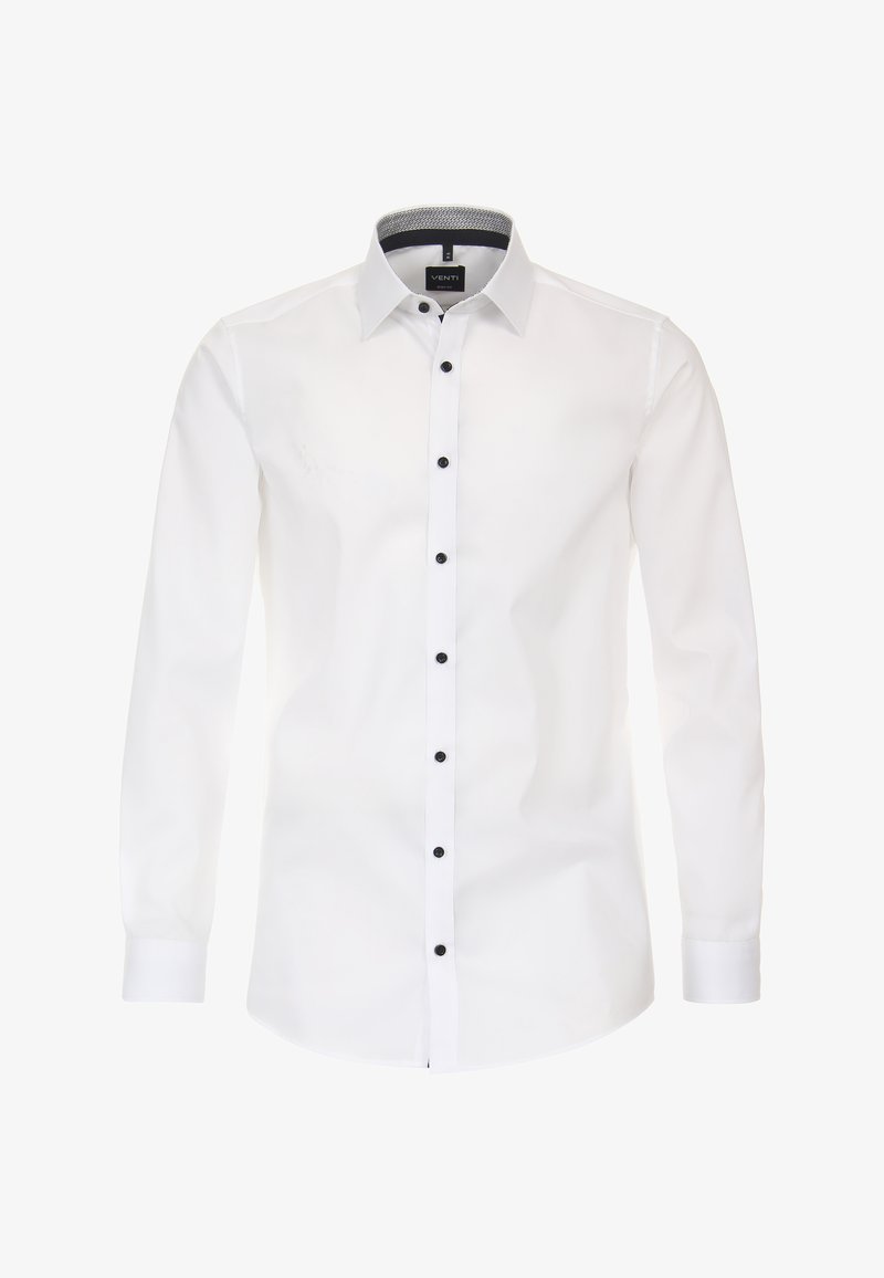 Weißes Langarmhemd aus glattem Stoff, mit schwarzer Knopfleiste, kontrastierendem gemustertem Kragen und eleganter Passform.