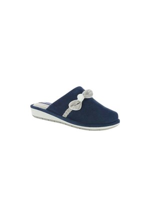 Zapatilla azul marino sin cierre con suela blanca y lazo decorativo gris claro en la parte superior, presentada en ángulo para mostrar vista lateral y frontal.