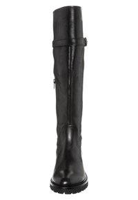 Czarne skórzane kozaki do kolan z gładkim wykończeniem, regulowanym paskiem, zamkiem błyskawicznym oraz teksturowaną gumową podeszwą.