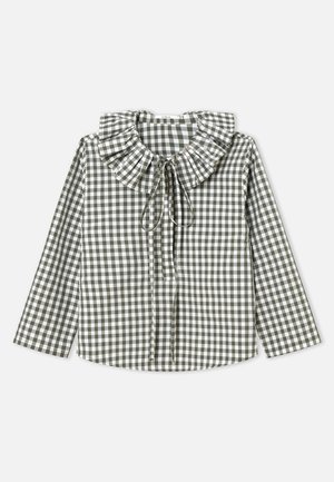 Zelena in bela karo srajca z nagubanim ovratnikom, dolgimi rokavi in trakcem na izrezu vratu. Bombažno blago, strukturiran kroj.