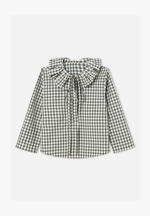 Zelena in bela karo srajca z nagubanim ovratnikom, dolgimi rokavi in trakcem na izrezu vratu. Bombažno blago, strukturiran kroj.