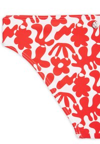 Slip inferiore di bikini rosso e bianco con un motivo floreale e astratto giocoso, realizzato in tessuto elasticizzato e morbido con vita elasticizzata.