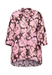 Blumenbluse mit dunkelbrowner Hintergrund und großen pinken Rosen. Knopfverschluss, lange Ärmel und abgerundetem Saum. Leichtes Material.