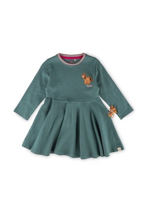 Grünes Baumwollkleid mit langen Ärmeln, einem ausgestellt geschnittenen Rock und einem Pferde-Applikation. Mit gestreiftem Ausschnitt und seitlichen Akzenten. Weicher Stoff.