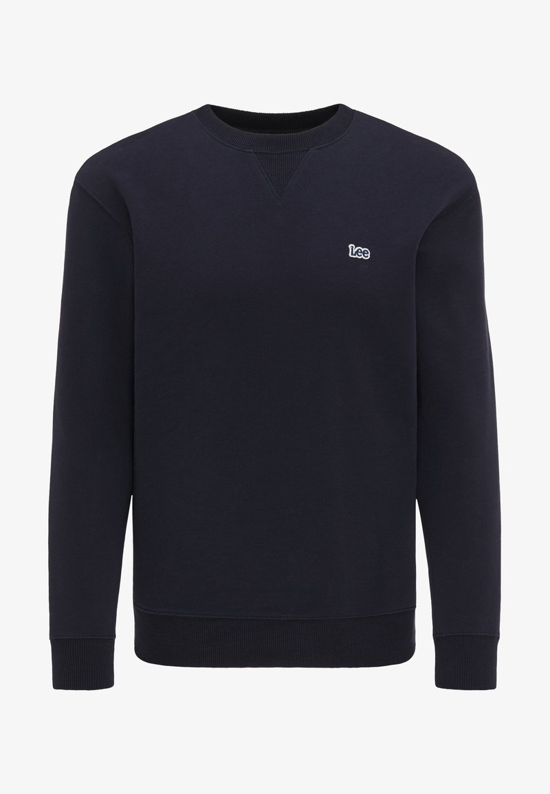 Granatowy sweatshirt wykonany z mieszanki bawełny, z okrągłym dekoltem, długimi rękawami, ściągaczami na mankietach oraz małym haftowanym logo na piersi.
