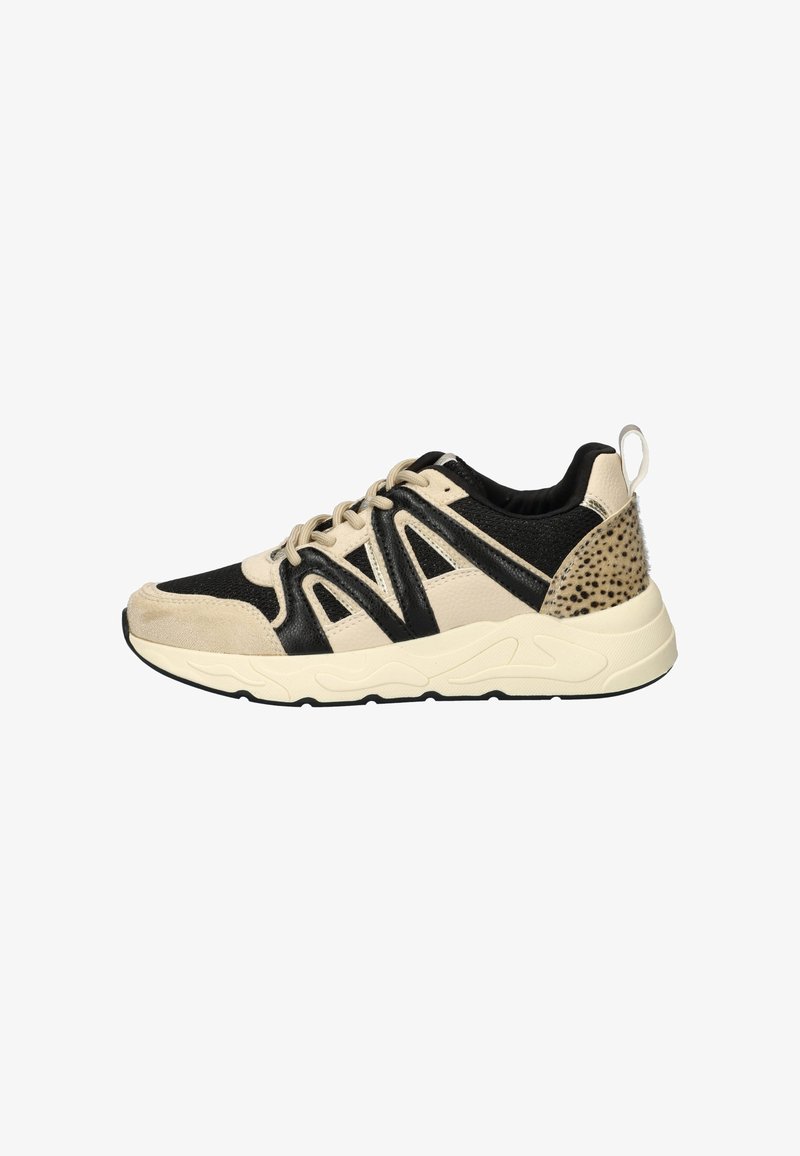 Sportieve sneakers met een zwart en beige kleurenschema, gemengde materialen, textuurelementen en een gemusterde hak. Lichtgewicht zoolontwerp.