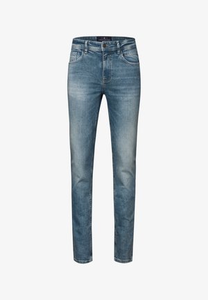 Jeans in denim blu chiaro con vestibilità slim, caratterizzati da un classico design a cinque tasche, una leggera sfumatura e taglio dritto.