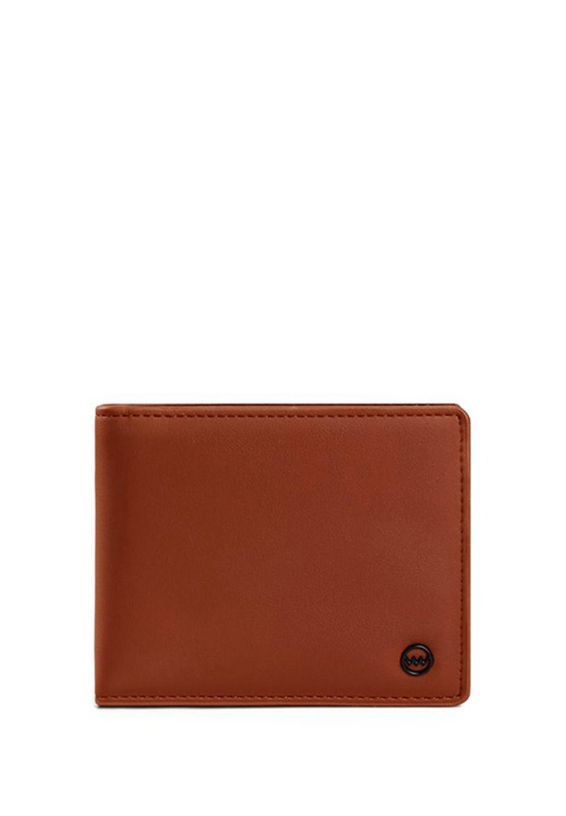 Brown leather wallet, rectangular shape, smooth texture, minimal stitching, featuring a small black logo on the bottom right corner.