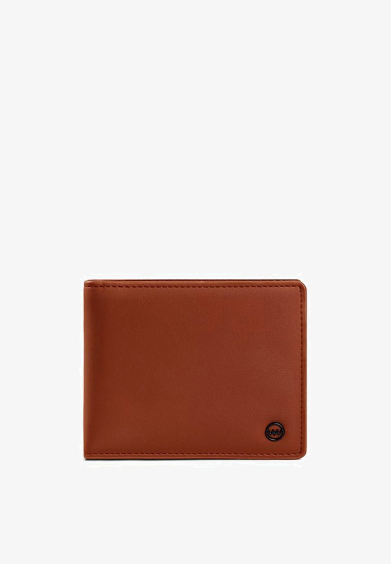Brown leather wallet, rectangular shape, smooth texture, minimal stitching, featuring a small black logo on the bottom right corner.