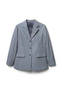 Blazer grigio a righe con rever a coppia, tre bottoni, due tasche frontal i e una tasca sul petto. Realizzato in un tessuto dalla superficie liscia.