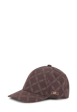 Casquette de baseball marron à motif, avec un design de chaîne répété, un logo brodé et une silhouette structurée avec une visière incurvée.