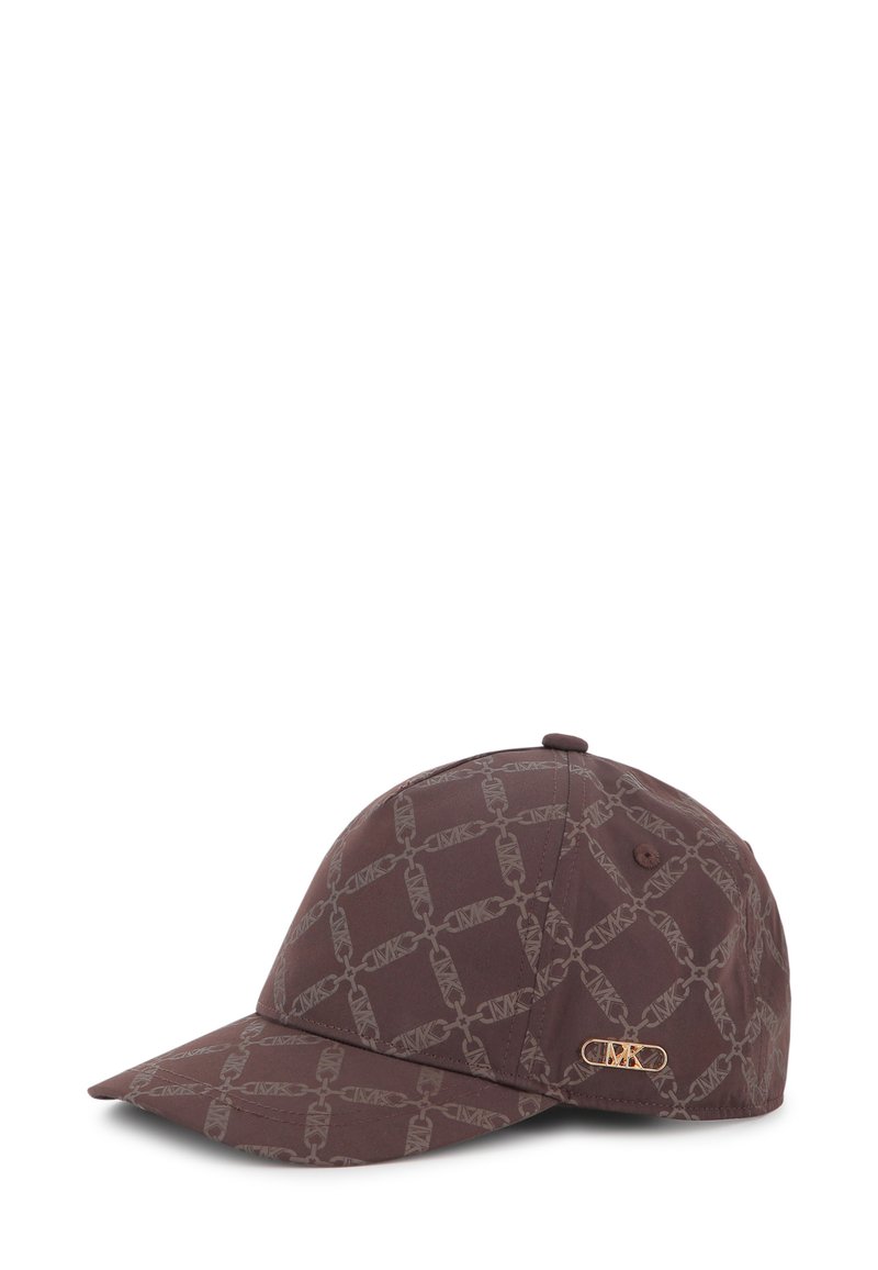 Casquette de baseball marron à motif, avec un design de chaîne répété, un logo brodé et une silhouette structurée avec une visière incurvée.