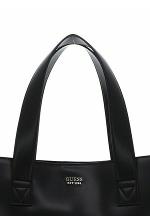 Borsa nera in materiale sintetico liscio, con doppio manico e logo del brand in rilievo. Presenta un design strutturato e un'estetica minimalista.