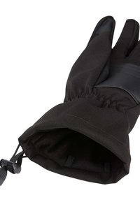 Guanti neri con tessuto strutturato, polsino elastico e coulisse regolabile per una chiusura aderente. Presentano un'area del palmo rinforzata.