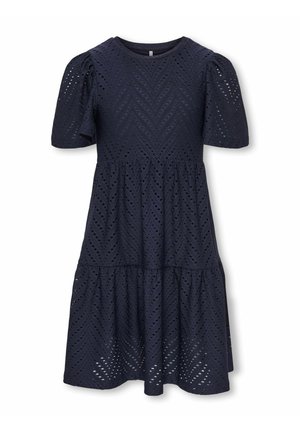 Vestido azul marino hasta la rodilla con mangas cortas abullonadas y tejido calado con patrón de espiga.